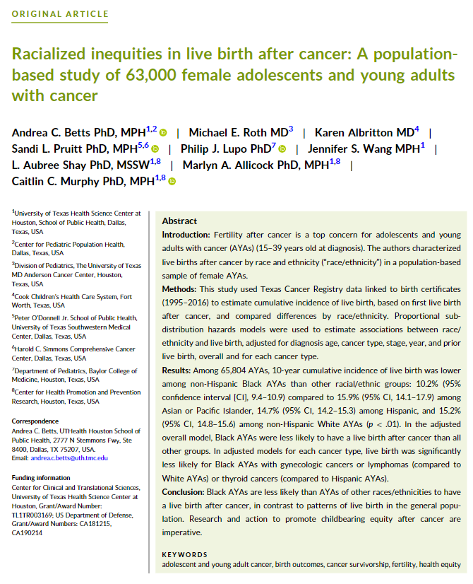 Is #OncoFertility care equitable? In a Texas study led by @abettstx, Black women diagnosed with cancer as adolescents and young adults were less likely to have a live birth after cancer than women of other races. acsjournals.onlinelibrary.wiley.com/doi/10.1002/cn… @OncoAlert @AbbyRosenbergMD #ayacsm