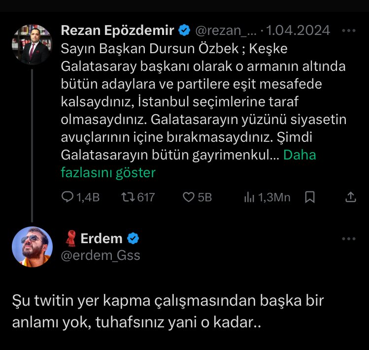 Rezan Epözdemir bu twiti attığında haklı bir tepki olarak değil, çekilmesi planlanan bir operasyonun ayak sesi olarak algılamıştım, haksız değilmişim

İki sene önce Galatasaray dara düştüğünde kim kaldırdıysa onlar Galatasaray’a yol göstermeye devam edecek..