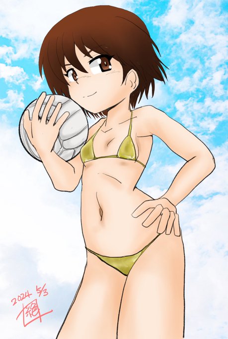 #週末ガルパンお絵描き120分一本勝負 #週末ガルパンお絵描き120分一本勝負20240503 お題「磯辺典子」 と言う事でキャプテンに話を聞きにいくと 海辺で何故か金ビキニでビーチバレーの練習してました‼︎ なぜ金のビキニなんだろう?と思い聞いてみたら 「今がGWだよー?」 そう言う…ものだったか…?