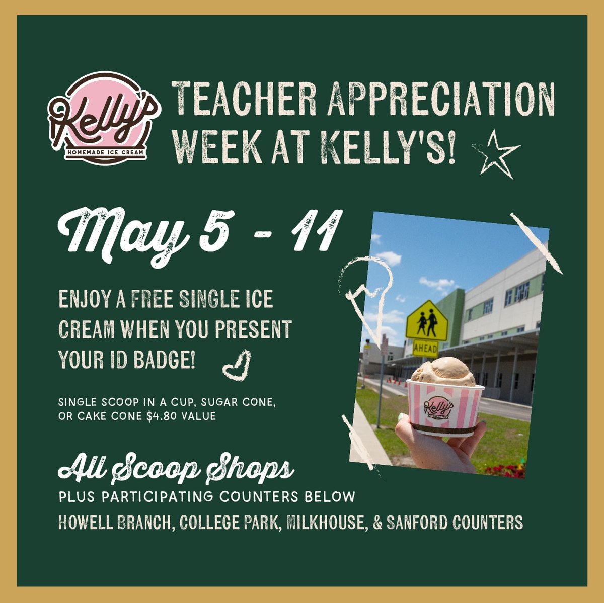 Join Kelly's Homemade Ice Cream to celebrate #TeacherAppreciationWeek from May 5 to May 11! Present your ID badge during this special week and savor a complimentary single scoop of our delicious ice cream as our token of gratitude.

#WOChamber #westorange #Leadership #Community