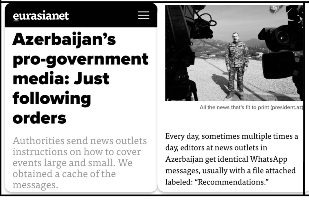 #PressFreedomDay 
Reminder: #Azerbaijan|i regime sends out daily WhatsApp messages to media & to its propaganda army instructing on how to cover events… We see it every day—Azeri diplomats, media, deputies, troll army… all saying the same thing.
Read➡️ eurasianet.org/azerbaijans-pr…