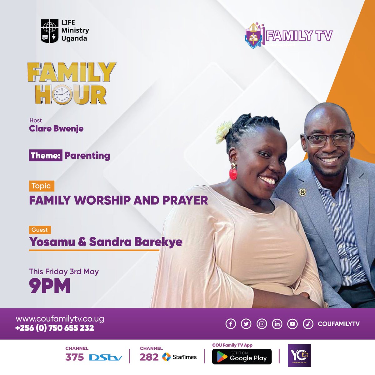 Don't miss out Yosamu and his lovely wife Sandra Barekye on today's #FamilyHour on parenting at 9PM, as they lead you through family worship and prayer. #EnrichingLives