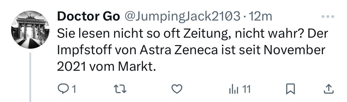 Die bisher dümmste Antwort auf die Nachricht, dass Astra Zeneca eben NICHT nebenwirkungsfrei ist, kommt von @JumpingJack2103 🤣 Pech haben ja nur die, die sich VORHER damit haben verseuchen lassen? Man fasst es nicht.