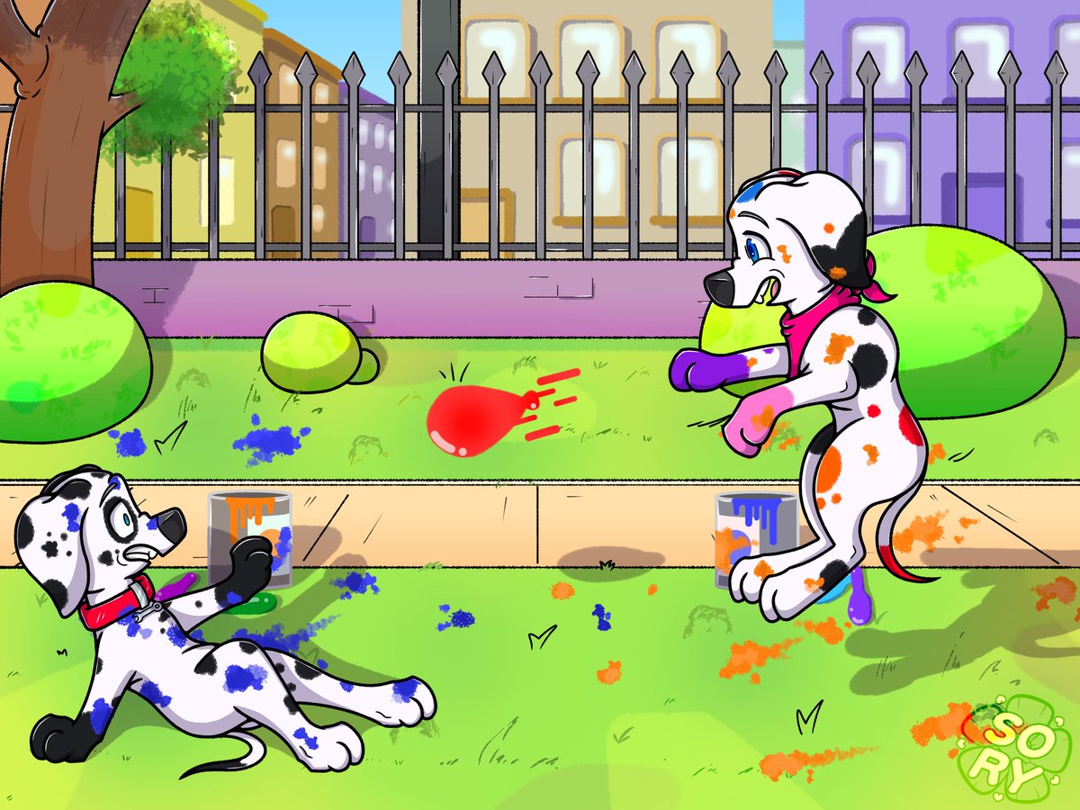 ✨❃.✮:▹ Paint-Fight🖌💥 ◃:✮.❃✨ Our Artist-Doggo throwing some paint-bomb at poor Dex. well~ never mess with the Color Pup!☝ Comission for @Cristianceron95 #101Dalmatianstreet #101DS #Art #Artwork