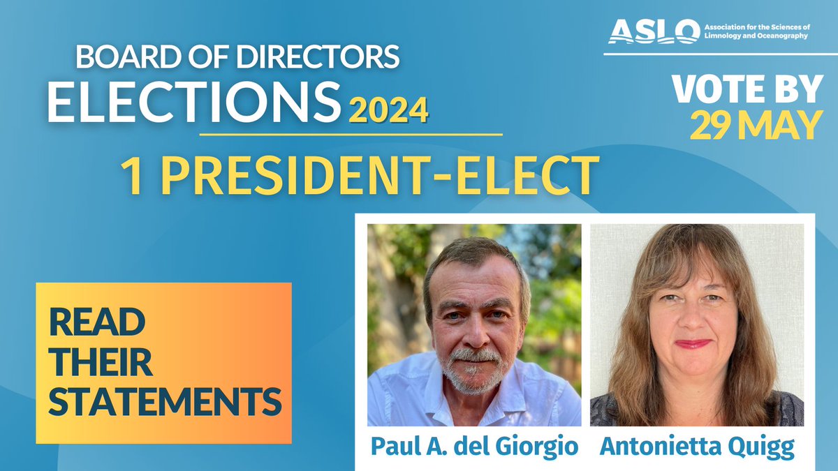 #ASLO Members, vote for our new President-Elect, who will serve a two-year term before assuming the role of ASLO President for the subsequent two years. The President-Elect plays a crucial role as a member of the Executive Committee. 🗳️ Vote by 29 May 👉aslo.org/vote-in-the-20…