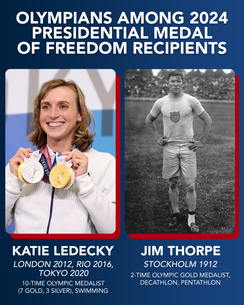 Katie Ledecky and Jim Thorpe will join an elite list of Olympians to receive the nation’s highest civilian honor. 🎖️