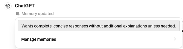 underrated use case of chatgpt's new memory feature 😉 i said 'no yapping; remember this'