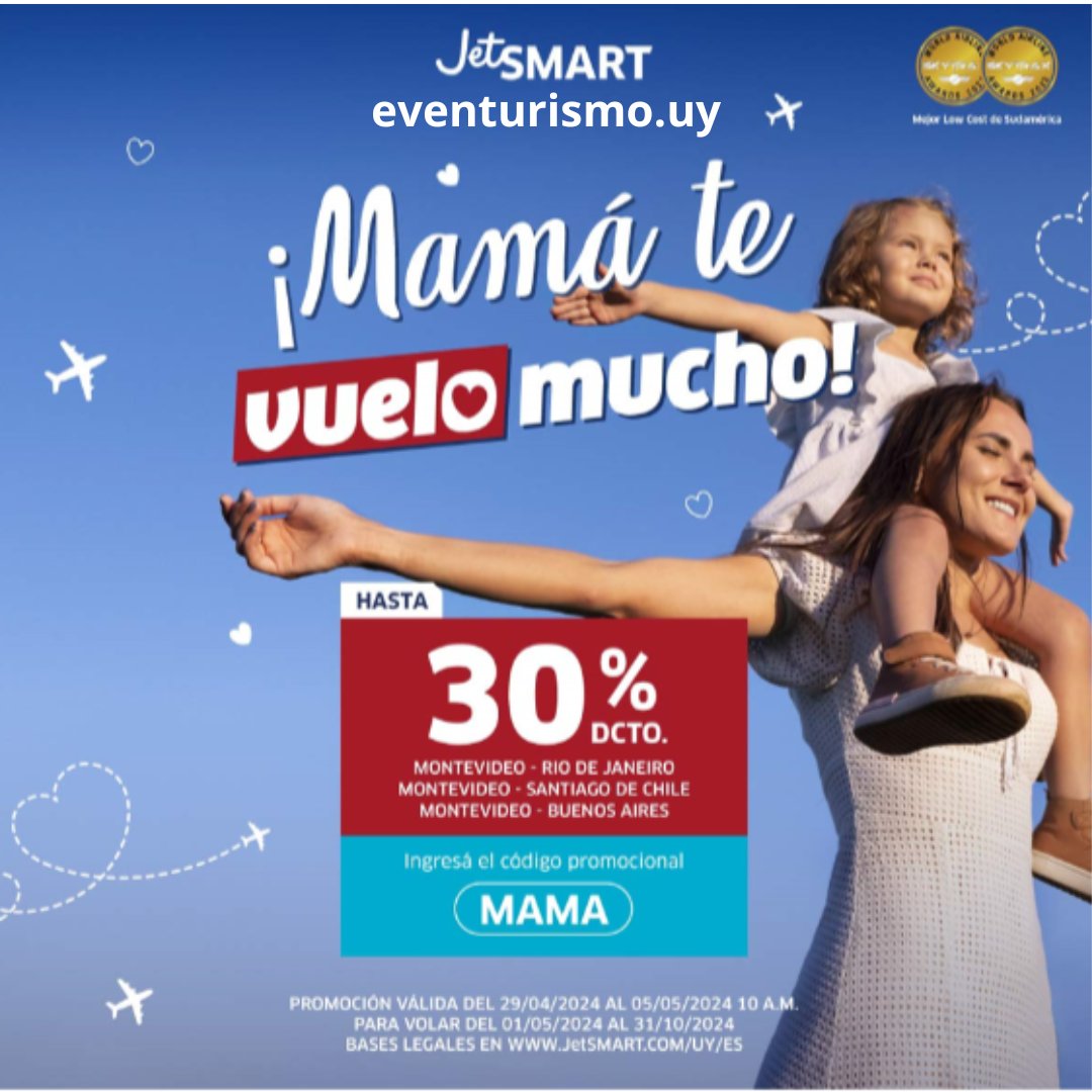 Aprovecha la promo Día de la Madre de @eveturismo y @VuelaJetSMART con hasta un 30% de descuento. Leer como acceder en mi nota de cielos y mares. eventurismo.com.uy/jetsmart-celeb…