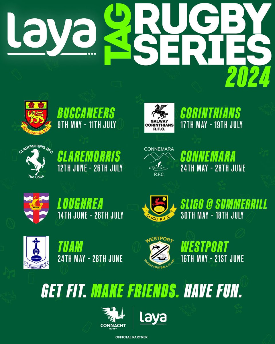 Have you signed up for our #LayaTagRugbySeries 🏉 SOLD OUT @CorinthiansRFC Only a few places left at @westport_rfc Register: connachtrugby.ie/rugby-in-conna… #ConnachtRugby | @LayaHealthcare