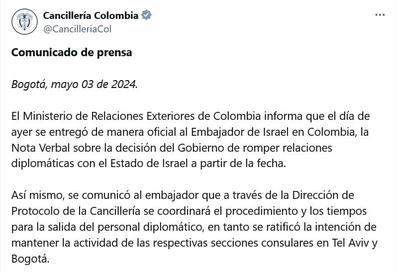 #Colombia #Israel 🔥Colombia formaliza ruptura de relaciones con Israel