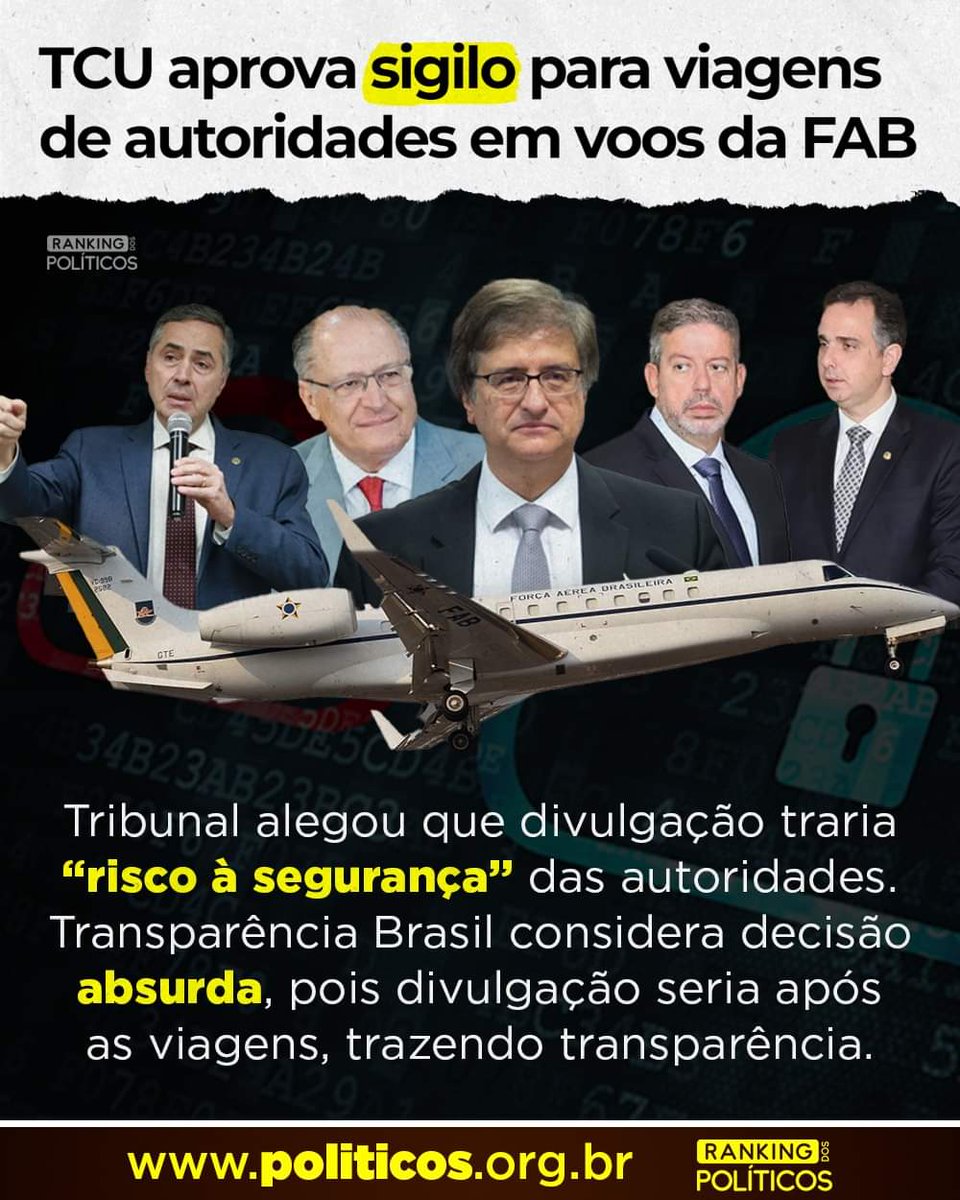 ABSURDO!

O que há para esconder sobre os voos de autoridades?

A decisão do presidente do TCU, Bruno Dantas, foi tomada após um pedido da Comissão de Fiscalização da Câmara para que o tribunal faça uma auditoria nos gastos em aviões da FAB. 

+