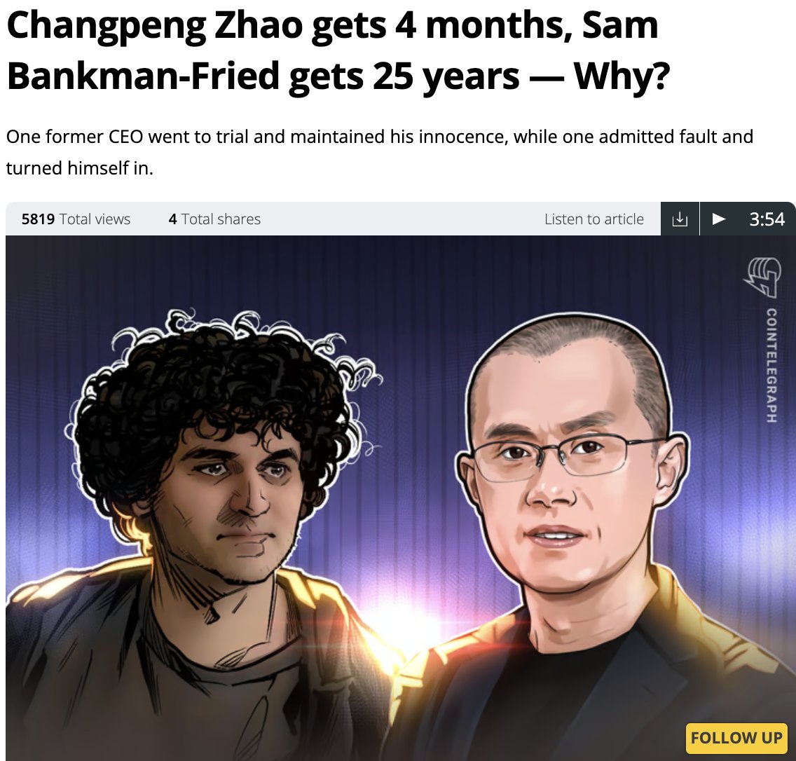 ⚖️🔒 CoinTelegraph reports on the sentences of Changpeng Zhao and Sam Bankman-Fried.

Read more: cointelegraph.com/news/changpeng…

#ChangpengZhao #SamBankmanFried #LegalProceedings #CryptocurrencyNews #FinanceLaw 📰
