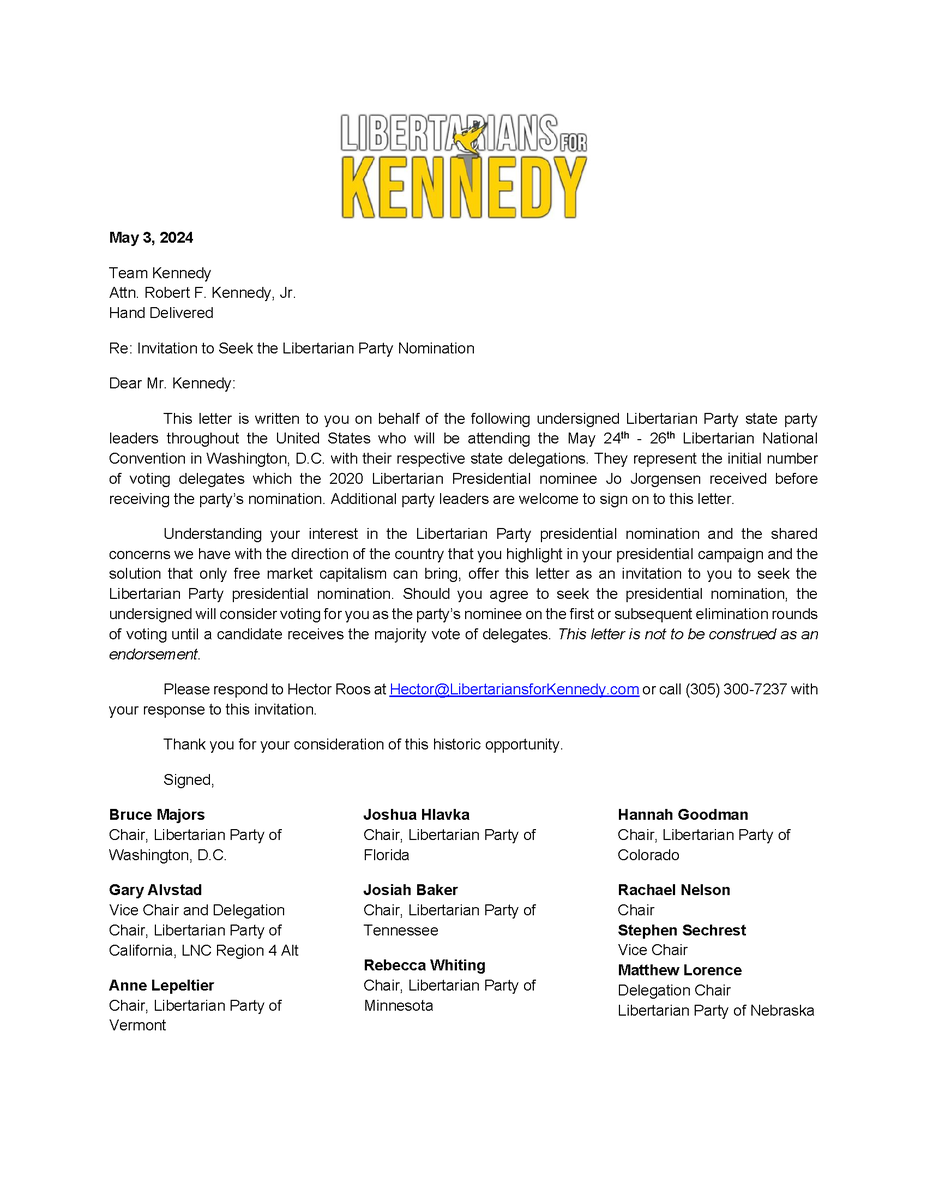 Press Release: Libertarian Leaders Invite Robert Kennedy, Jr. to Seek the Nomination

While Kennedy has appealed to Libertarians throughout the country to support his independent run for President, instead Libertarian state and delegation chairs have signed an invitation to…