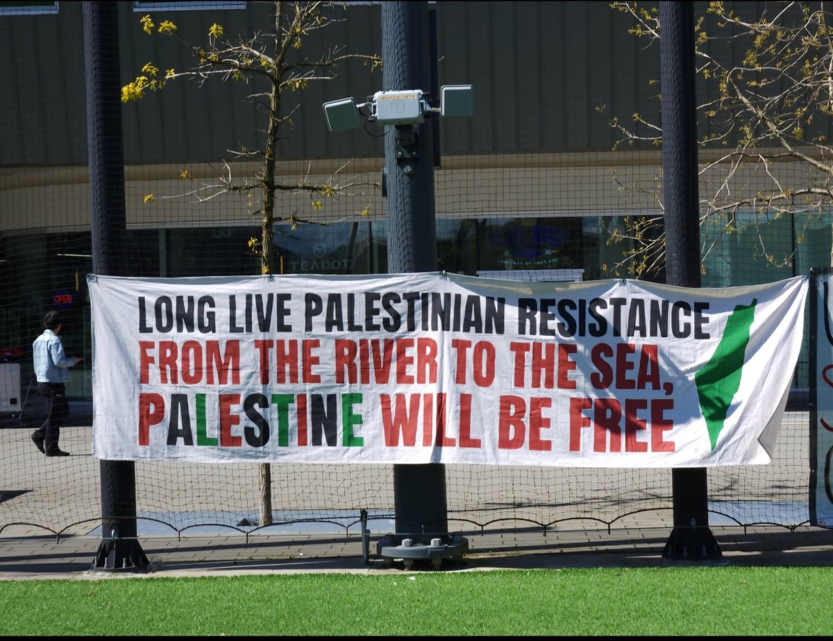 Antisemitic slogans at the @UBC encampment calling for the eradication of Israel, and glorifying Palestinian terrorism. UBC's administration must act to dismantle the encampment and remove the trespassers. The encampment is in clear violation of UBC policies. 1/2