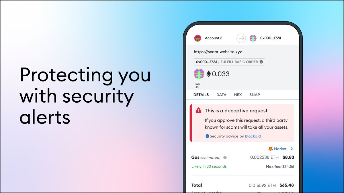 MetaMask’s unique privacy-preserving security feature by @blockaid_ helps you stay safe by simulating transactions and alerting you to malicious dapps. Remember, when in doubt, just don’t interact🦊 #MMSecurity 🔗 metamask.io/news/latest/me…