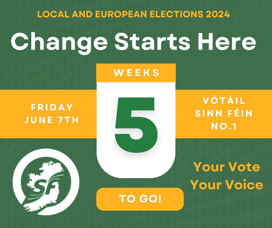 ⏰ The countdown is on! 

This day in 5 weeks will be election day. 

You’re chance to choose real change for your community. 

These elections can be the first step in getting this failed government out of office. 

Change starts here! Be part of it in Cork!

#VótáilSinnFéin