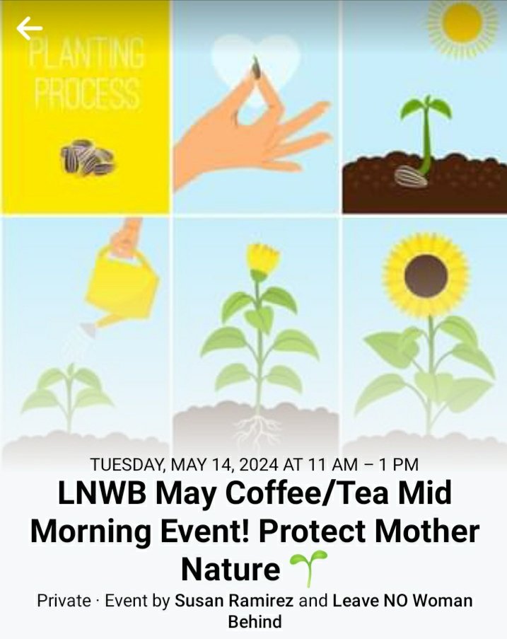 Great idea Ladies... Rise Together and Protect Mother Nature! 💜🌱🌎 @LNWB 
LNWB May Coffee/Tea Mid Morning Event! Protect Mother Nature 🌱  
#protecttheplanet #protectnature #ProtectAllLivingSystems 
#lakeelsinorecaliforniacommunityunity 🤠✊