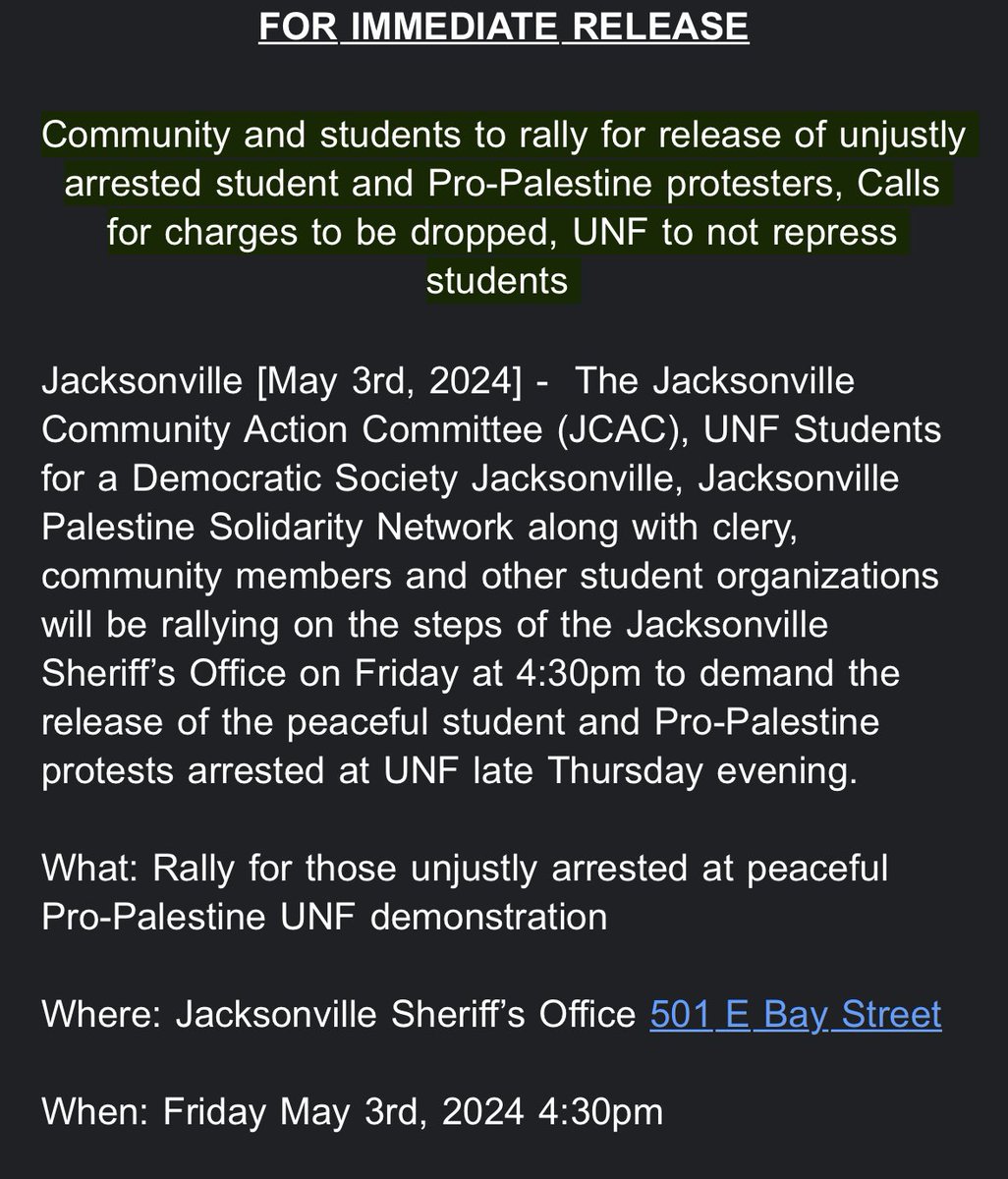 Jacksonville Community Action is rallying outside of the Jacksonville Sheriff’s Office at 4:30 today to demand the release of about a dozen who were arrested while protesting at UNF yesterday Background on what happened from @FCN2go/@andrewbadillo99: firstcoastnews.com/article/news/l…