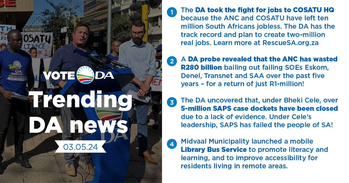 ❗️This week was Workers’ Day and the DA took the fight for jobs to COSATU HQ. This trade union, along with ANC cronies, have left millions jobless. The DA-run Midvaal launched a mobile Library Bus to provide access and resources for residents in remote areas. Read more 🗞️