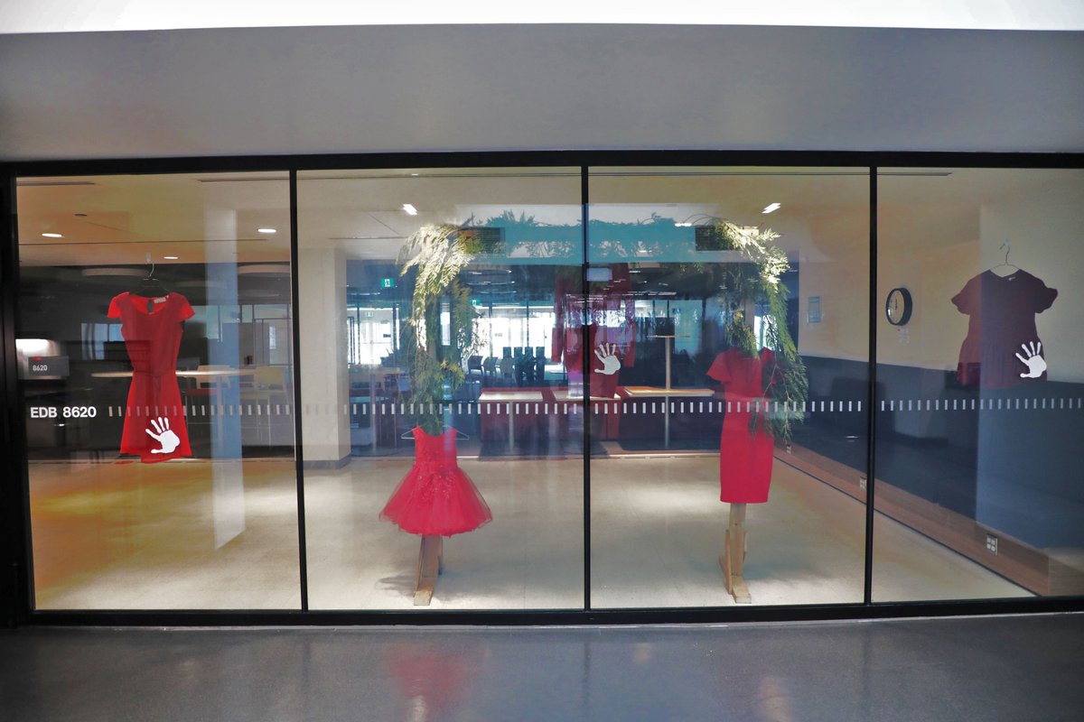 In honour of #RedDressDay on May 5th, we invite you to explore our installations at the Education Building, Burnaby Campus, until May 21st. Discover our valuable resources and take a moment to reflect and deepen your understanding: bit.ly/RedDressDaySFU…