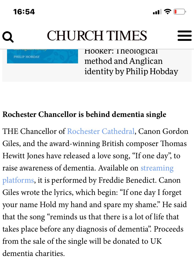 Nice mention in this week’s @ChurchTimes of @thewittjones & @revgjg’s dementia-awareness love song, If One Day. It’s timely as this week is @DementiaUK’s Time for a Cuppa week, with @alzheimerssoc #Dementia Action Week 13-19 May Listen to the song here youtu.be/Er9lQDW98RE?si…