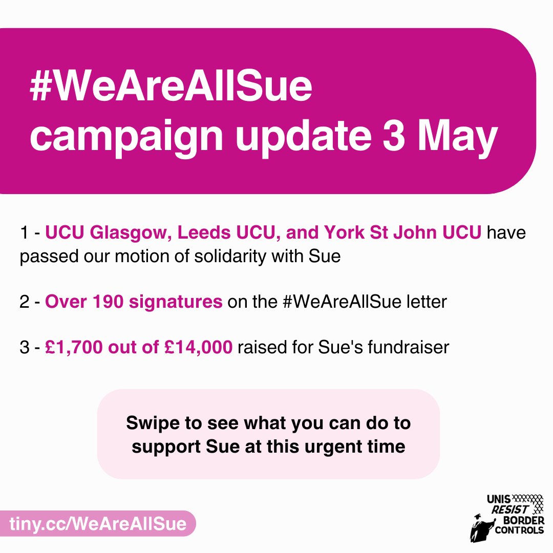 📢Update from #WeAreAllSue‼️ 1. UCU Glasgow, Leeds UCU, and York St John UCU have passed our motion of solidarity with Sue 2 - Over 190 signatures on the #WeAreAllSue letter 3 - £1,700 out of £14,000 raised for Sue's fundraiser tiny.сс/WeAreAlISue 🧵