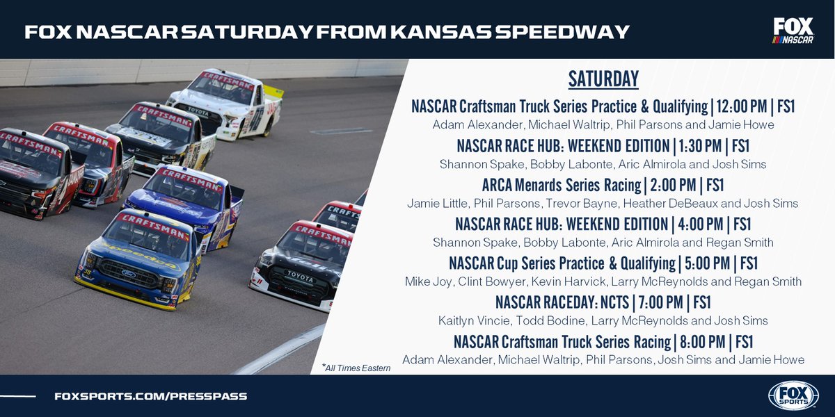 NASCAR visits @KansasSpeedway this weekend, kicking off Saturday with a doubleheader featuring the @NASCAR_Trucks and @ARCA_Racing Series. Coverage begins at noon ET on @FS1 and continues Sunday with the NASCAR Cup Series race. @NASCARonFOX