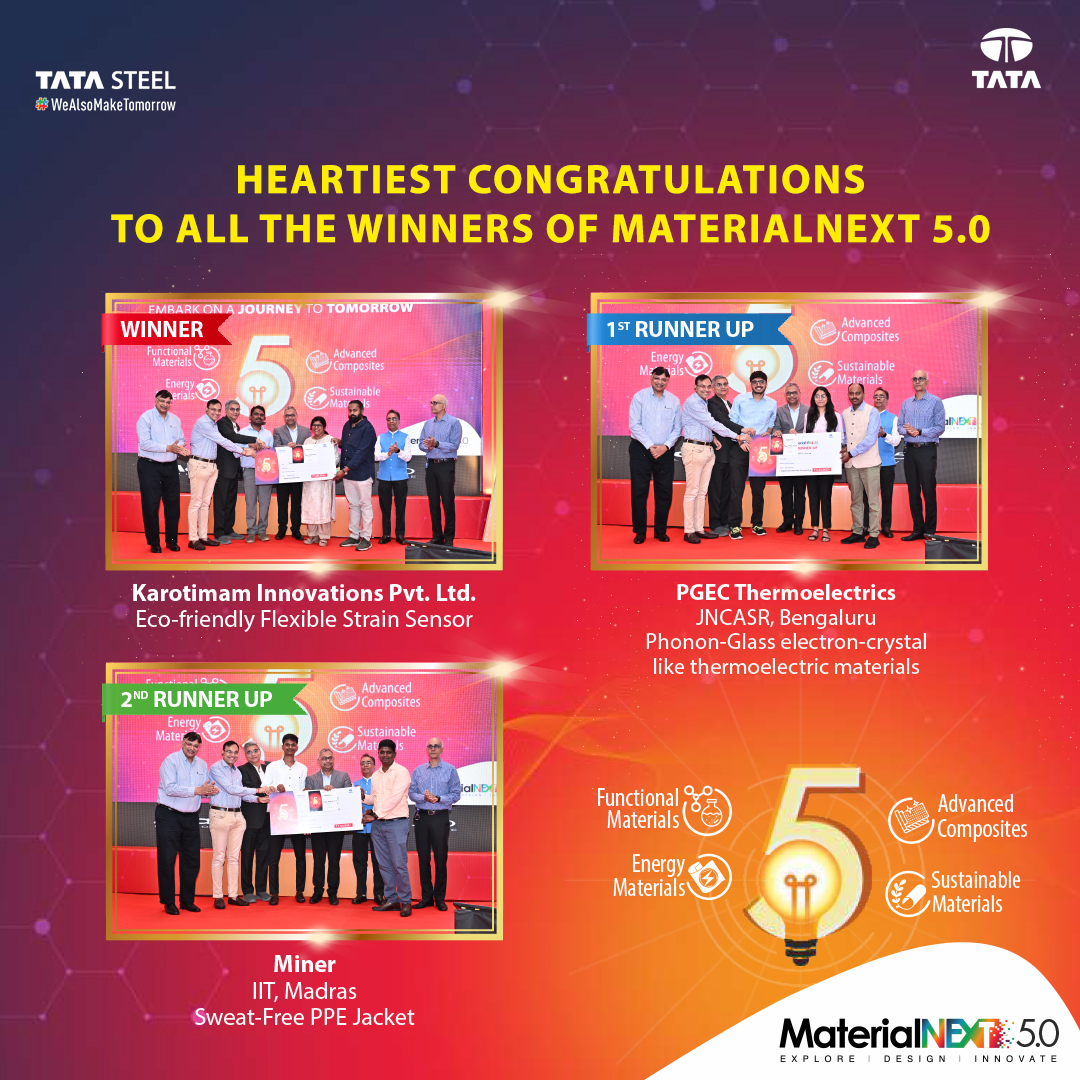 We congratulate the winners of #MaterialNEXT 5.0, the Open Innovation competition hosted by Tata Steel's Advanced Materials Research Centre. The event saw 18 teams present their innovative ideas in the realm of #AdvancedMaterials. #TataSteel #WeAlsoMakeTomorrow #Materials