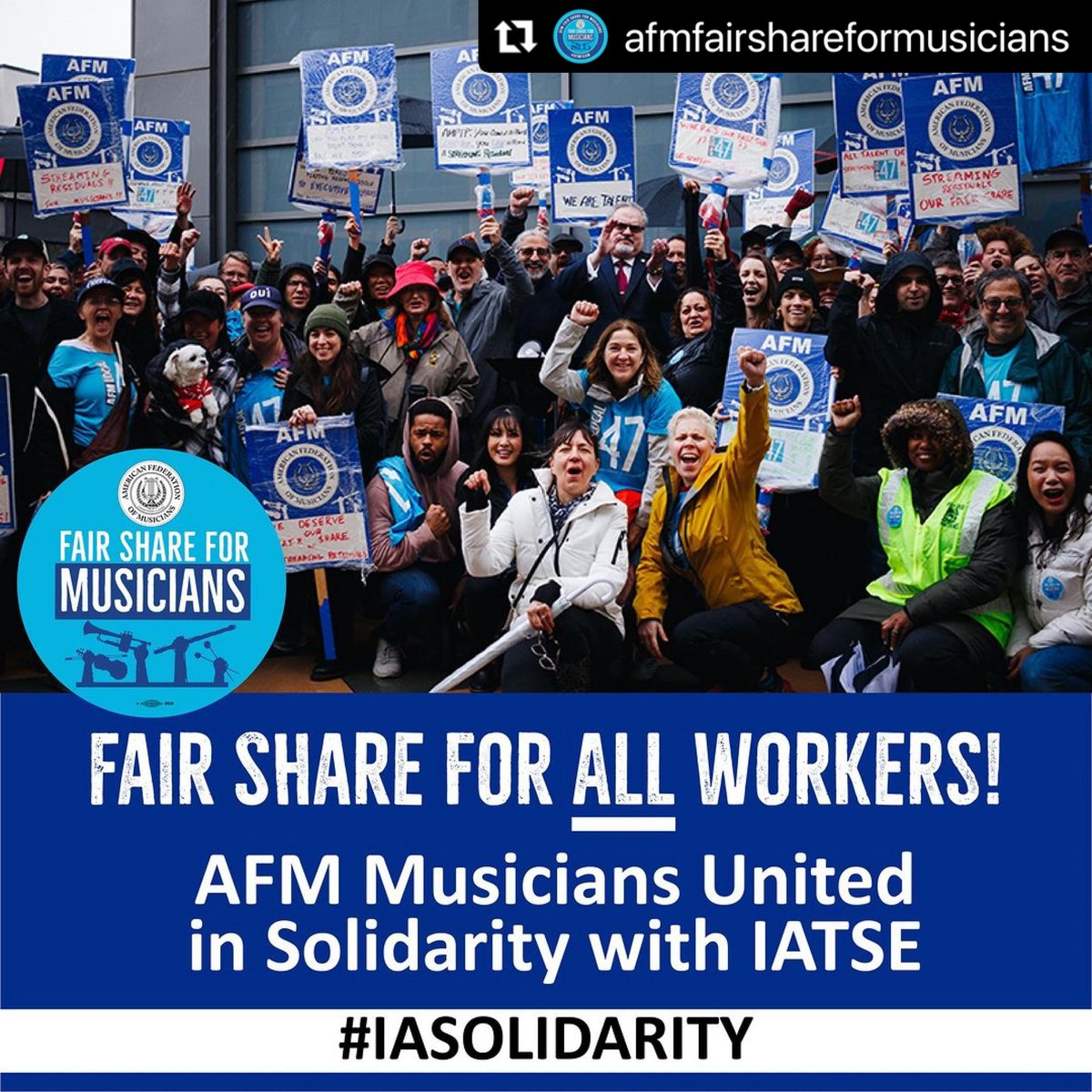 #AFM47 musicians support a Fair Share for ALL Workers. We stand in solidarity with @IATSE, who are currently in negotiations w/ AMPTP for better wages, pension & health care, AI protections & more. Wear your union swag on #OneFightFridays to show your #IASolidarity!