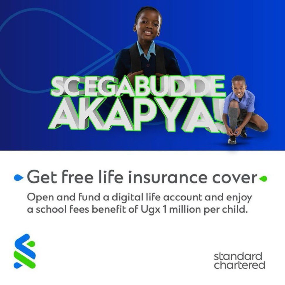 Secure a life insurance cover for 1 year with @StanChartUGA by simply opening up and digital life account and fund it with a min balance of 200k for 90 days.

Enjoy benefits of up to 4 kids with school fees worth 1M for each child.
#ScEgabuddeAkapya #HereForGood