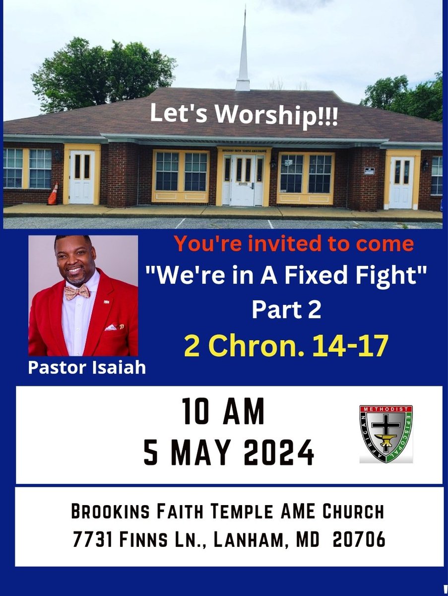 Worship @ The Temple (5/5):
9am: Church school (605.313.6151; 585799)
10am: In-person & Zoom Worship
Meeting ID: DM for login info 
Call in: 301 715 8592; 7731

Facebook Live:
S. Isaiah Harvin page

To give, we have:
1. GIVELIFY:
(Brookins Faith Temple AME)
2. MAIL-IN