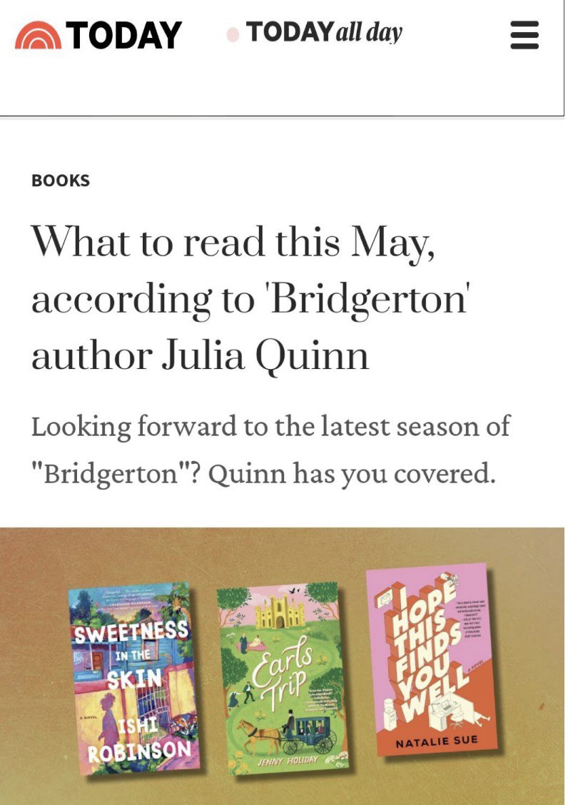 Bestselling author of Bridgerton @juliaquinnauthor recommended #SweetnessInTheSkin as the best read for mother's day on The Today Show website! 😳🤯 She says it's 'poignant and emotional, with touches of both humor and sorrow'. And more! tinyurl.com/TodayShowQuinn