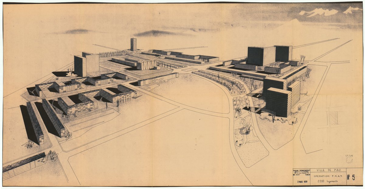 #dimanchearchive 📷Quartier Dufau-Tourasse (actuel quartier Saragosse) : plan du projet en élévation proposé par M. Remondet, architecte (1959). Sources : Archives intercommunales Pau Béarn Pyrénées - 4Fi409