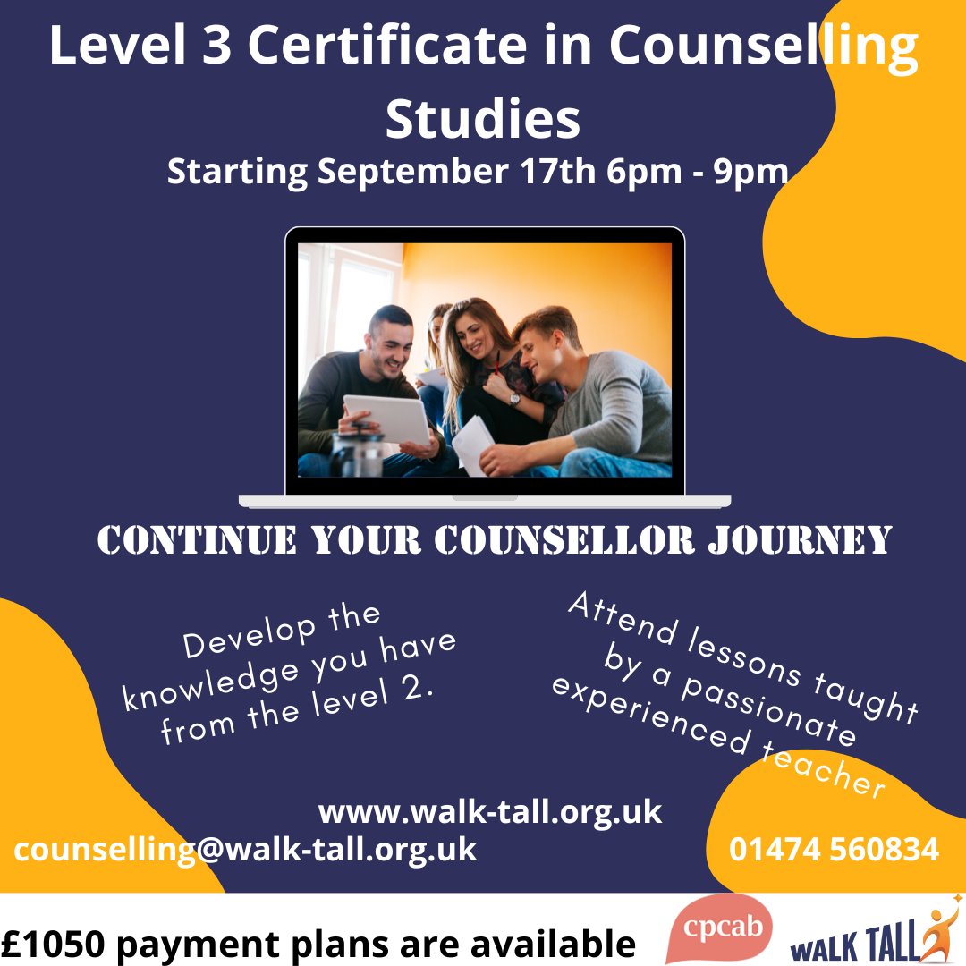 Our level 3 Certificate in Counselling Studies starts in September! do you already have an accredited level 2 in counselling skills? Do you want to progress your counsellor journey further? Call or email today!
#counsellorjourney #counselling #counsellortraining #career #walktall