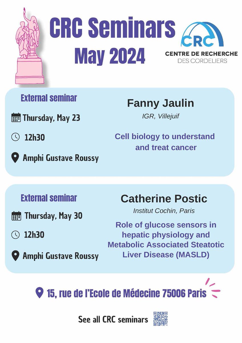 🔵SEMINARS
🗓️📌 Check out our seminars for the month of May! It will be a pleasure for us to host Fanny Jaulin @JaulinLab and Catherine Postic @postic20 #womeninscience #cellbiology #cancer #masld
📢Stay tuned for more seminars at: bit.ly/4bibxTd