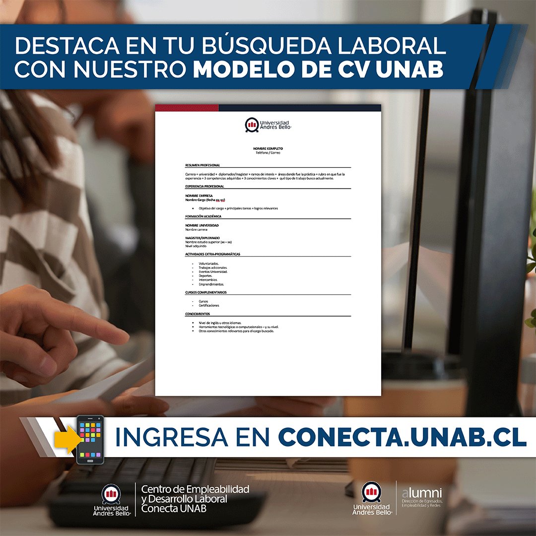 💼 ¡Impulsa tu búsqueda laboral con nuestro Modelo de CV UNAB! 🚀 En Conecta UNAB, te ofrecemos un CV que resalta tus habilidades. Obténlo en 🌐conecta.unab.cl y accede a 'Documentos'. 📥 Descárgalo en este enlace bit.ly/44ypoD2 y mejora tus oportunidades.