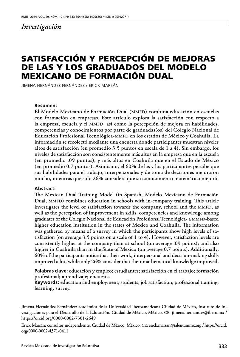 Les comparto el nuevo artículo que escribimos <a href="/ErickMarsan/">Erick Marsán</a> y yo sobre el sistema de formación dual. El artículo en <a href="/rmie/">Rev Mex Invest Educ</a> muestra resultados en satisfacción y percepción de mejoras en competencias y habilidades de una muestra de egresadas y egresados. t.ly/iZ9s6
