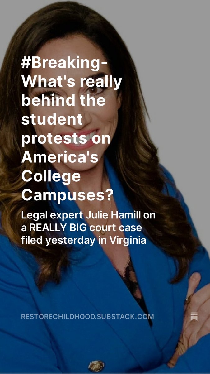 ❓What's really behind student protests at America's elite college campuses? Our legal expert @hamill_law explains a REALLY BIG court case that was just filed yesterday in VA. Read/Subscribe⬇️⬇️ restorechildhood.substack.com/p/breaking-wha…