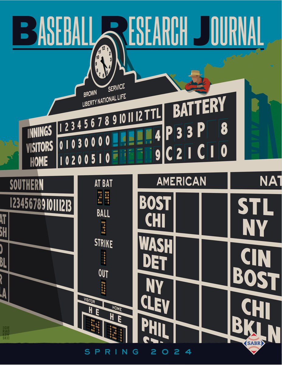 #SABR members, the new Baseball Research Journal is coming soon! This issue features a special cover illustration of Rickwood Field by @garybaseballart. Stay tuned for your free e-book edition to be delivered next week.