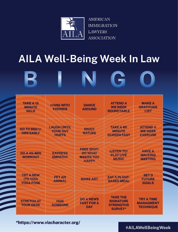 Join us May 6-10 for #AILAWellBeingWeek. AILA’s Well-Being Committee will be hosting virtual events and sharing resources all week for lawyers and their support teams. AILA members: View the full schedule and receive a BINGO card for the week here: aila.org/library/lawyer…