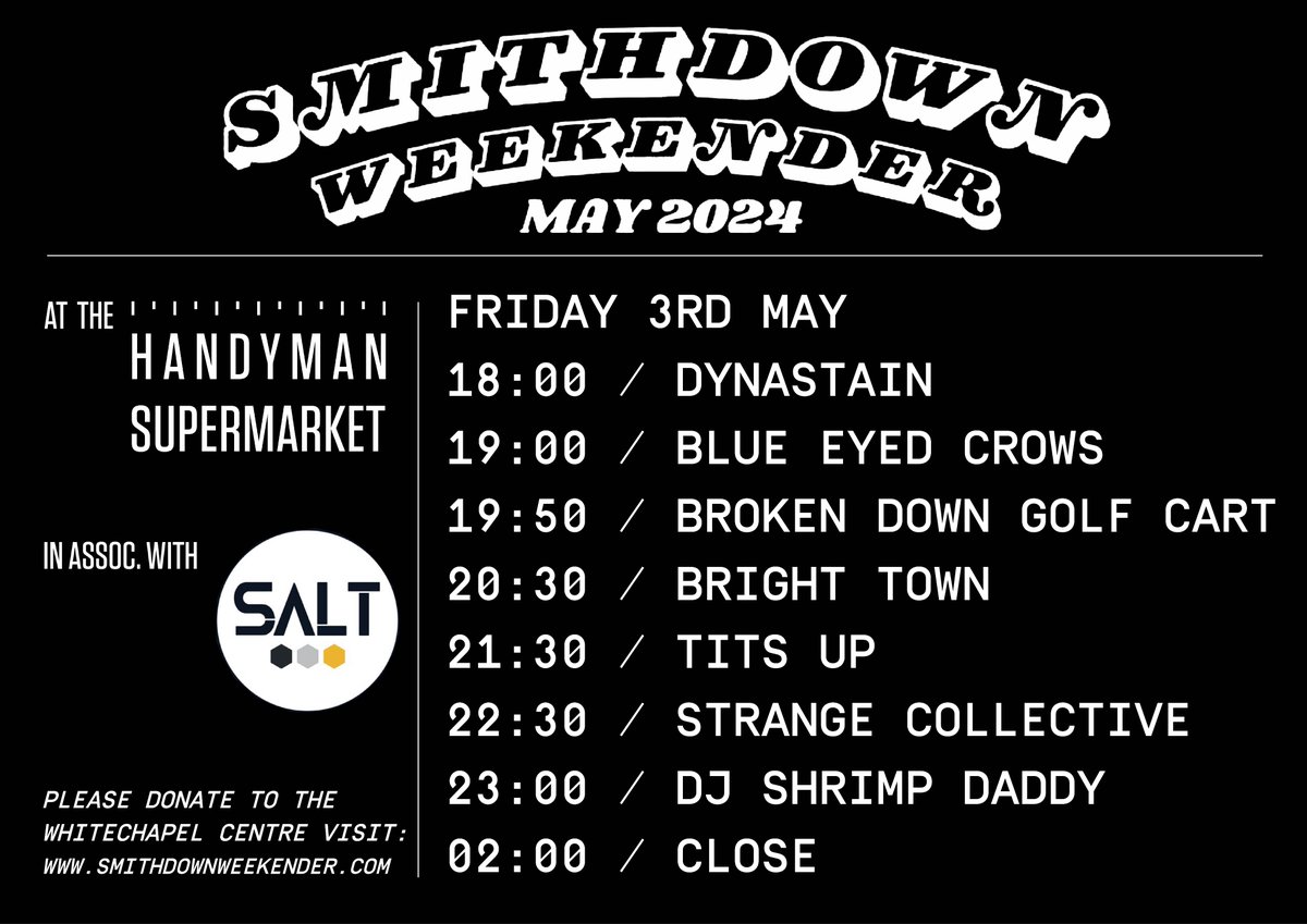 Tonight (Friday) at the @handymanSmarket / @handymanbrewery the @SmithdownFest kicks off with @strngecollectiv headlining + Loads more!!! Beers from @SaltBeerFactory donations to @WhitechapelLiv JOIN US!!!!!!