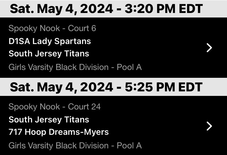 SJ Titans schedule in the May Mayhem Classic, Spooky Nook, Mannheim, PA (Sun sched based on Sat outcomes)