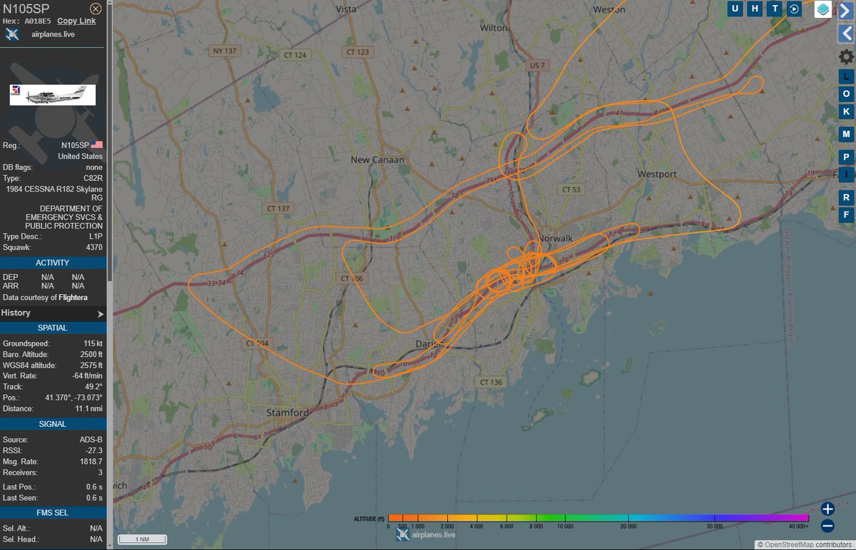 CT State Police checking things out near #Norwalk after the tanker fire on I-95 yesterday. Some sweeps checking traffic on Rt 15 & I-95 then a little more focused at the area of the crash/fire.

Track this CSP Cessna at airplanes.live: globe.airplanes.live/?icao=a018e5

#ADSB