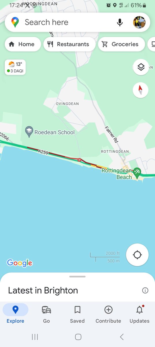 A259 Between Ovingdean and Rottingdean roadworks with temporary lights causing delays on both approaches especially eastbound @SylvMelB @BBCSussex @BrightonHoveBus @SussexIncidents @V2RadioSussex @hawkinthebury @thebiglemon @GHRSussex