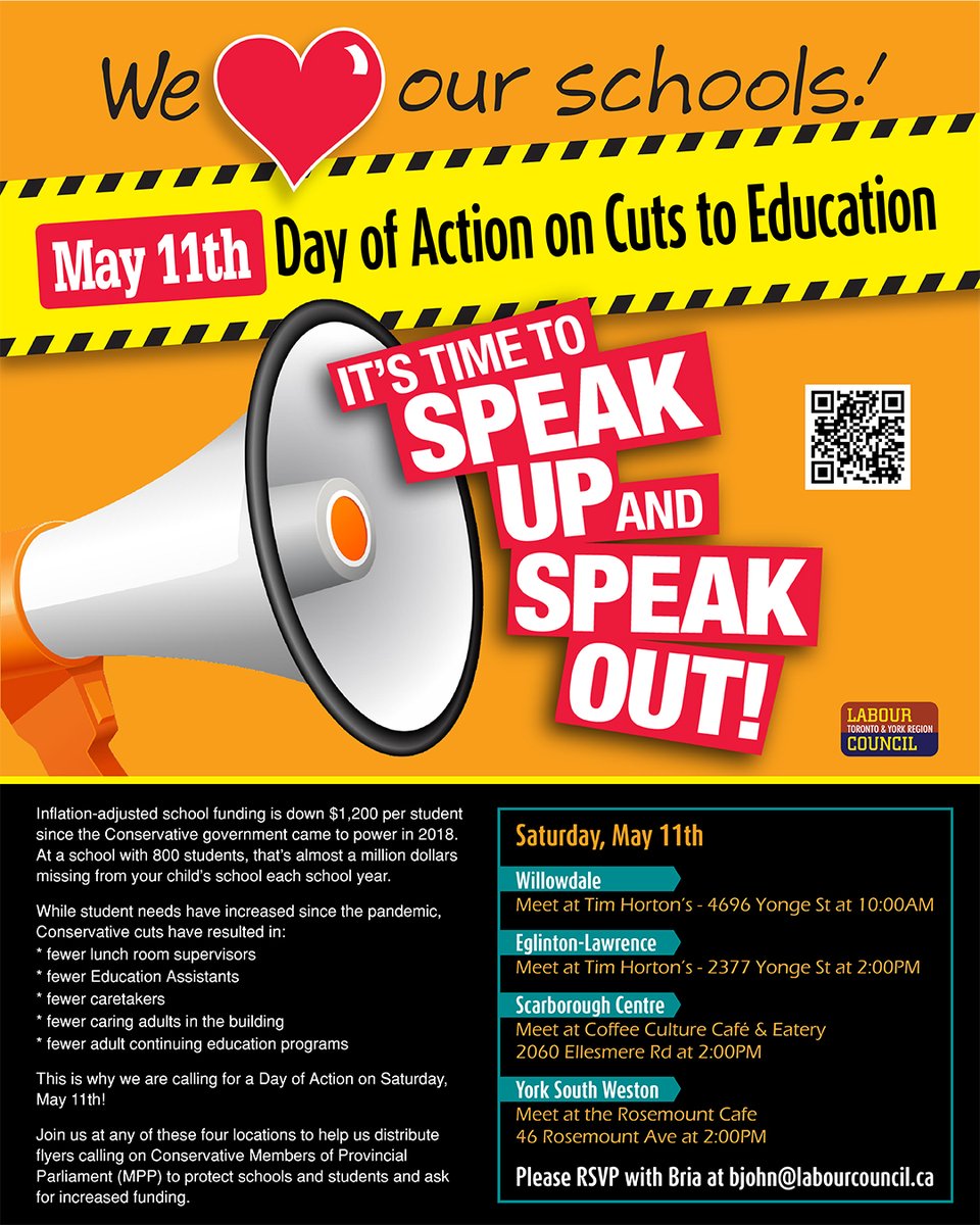 📣 ANNOUNCEMENT! Join us on May 11 for our Day of Action on Cuts to Education While student needs have increased Ford's has cut: ❌ Lunch room supervisors ❌Education Assistants ❌Caretakers ❌Adult continuing Ed RSVP w/Bria at bjohn@labourcouncil.ca @OSSTFtoronto