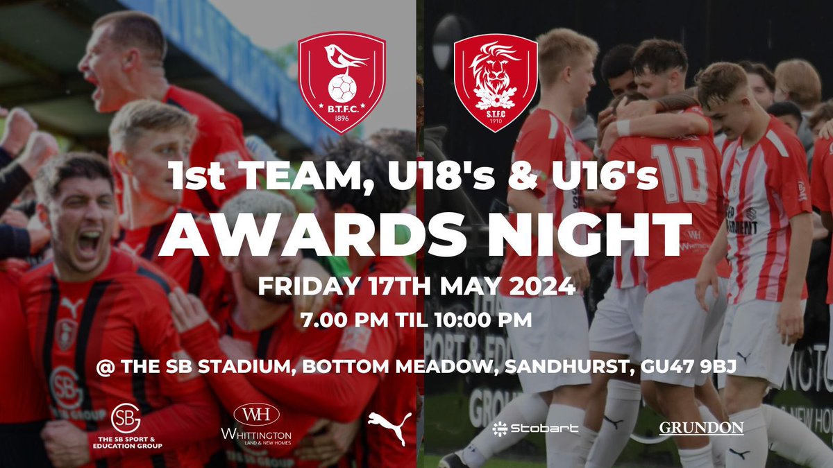 Join us for our end of season awards night on Friday the 17th of may at the club with @Sandhursttownfc and our U18/16 Sides also having their awards night too! 

Follow the link below 👇 to get your tickets now. 
tinyurl.com/y5j6cxpt

#TOGETHERBTFC #COYR