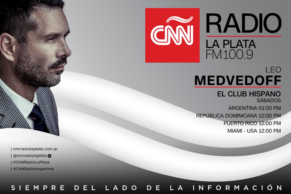 #sábado El Club Hispano, con Leo Medvedoff @Leomedvedoff 13 hs / 1 pm ARG 🇦🇷 12 del mediodía PR 🇵🇷 - RD 🇩🇴 MIA 🇺🇲 #CNNRadioLaPlata FM 100.9 Y online desde donde te encuentres 🌎 player.cnnradio.com.ar/La-Plata/