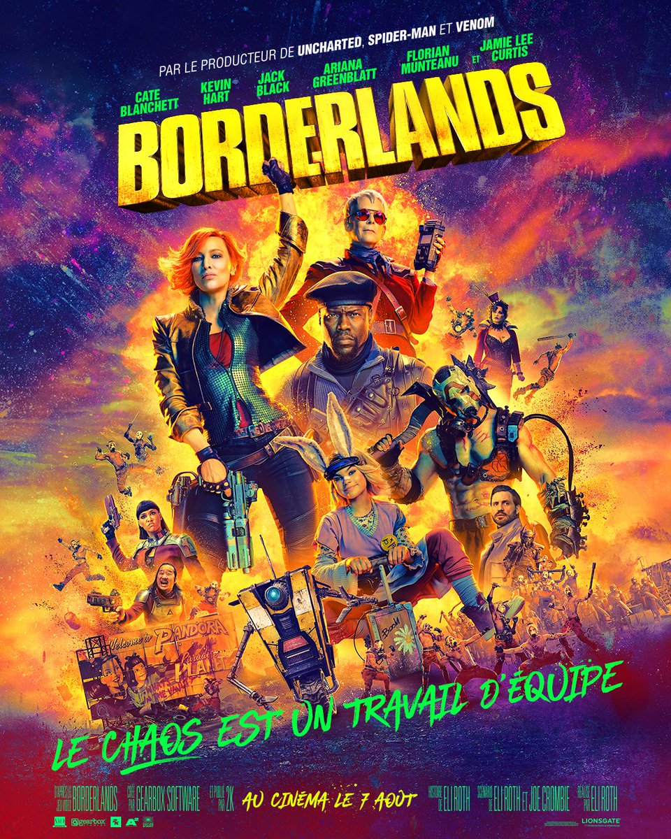 Le chaos est un travail d’équipe. Découvrez la nouvelle affiche de BORDERLANDS, un film signé #EliRoth avec #CateBlanchett, @KevinHart4real, @jackblack, #JamieLeeCurtis, @ArianaG et #FlorianMunteanu (@big9nasty), à découvrir le 7 août au cinéma. #BorderlandsLeFilm #Borderlands