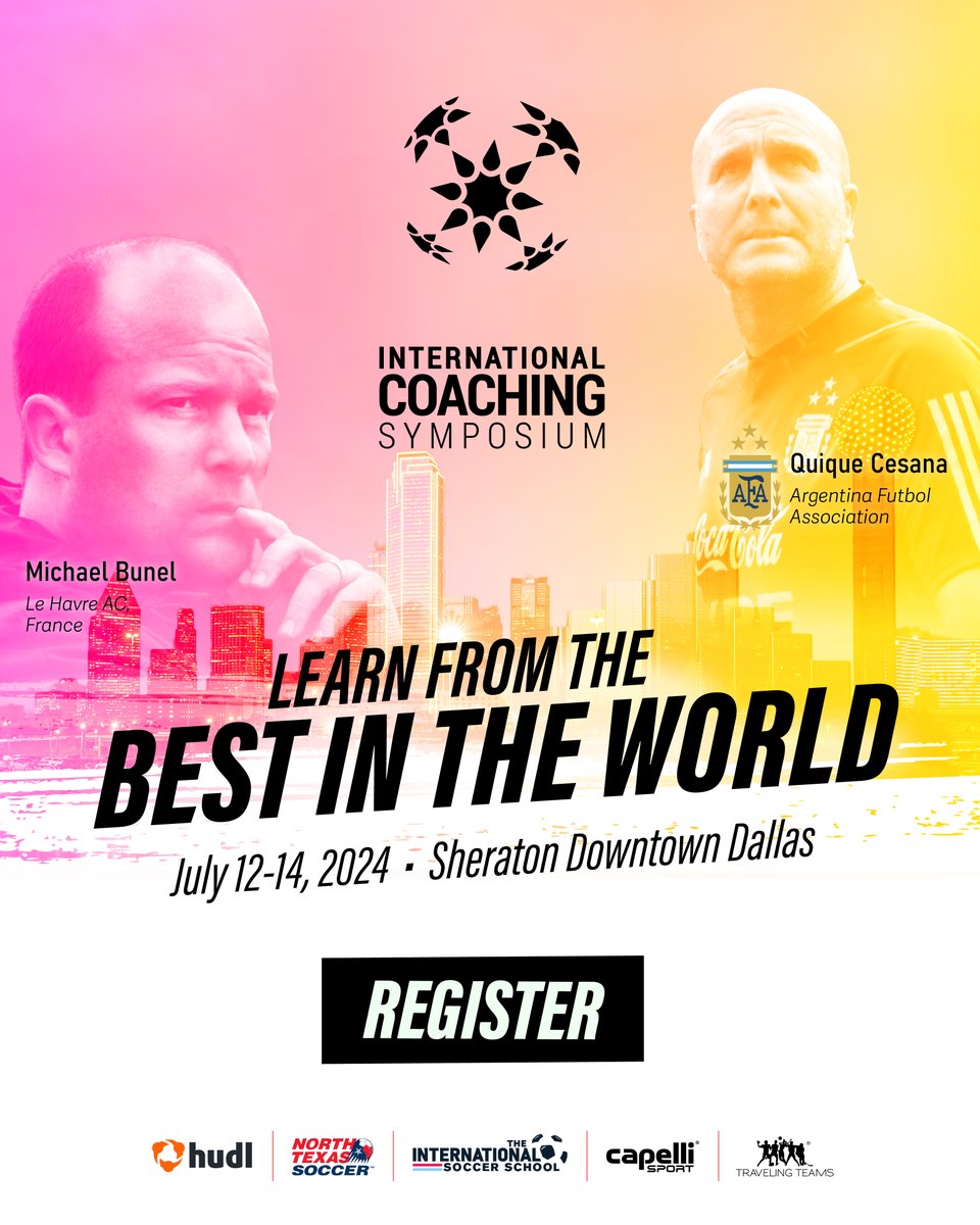 Make plans to attend the International Coaching Symposium at the Sheraton Downtown Dallas on July 12-14! There are some amazing presenters like Quique Cesana, Michael Bunel, Diego Placente and more! Register now at tinyurl.com/ICS2024TASCO #TASCO #TXHSSoccer #TXHSSOC