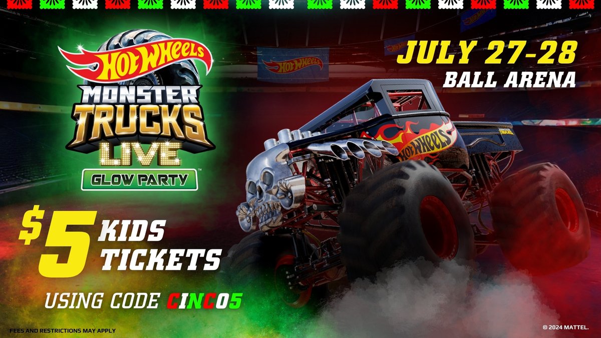 LIMITED TIME OFFER - Get $5 Kids Tickets until 5/6 at 10pm to see Hot Wheels Monster Trucks Live Glow Party on July 27 - 28! Unlock this offer with code: CINCO5 *you must purchase 1 Adult Ticket (Standard Admission) per 3 Kids tickets Get Tickets 🎟️: tix.ballarena.com/24HotWheelsX
